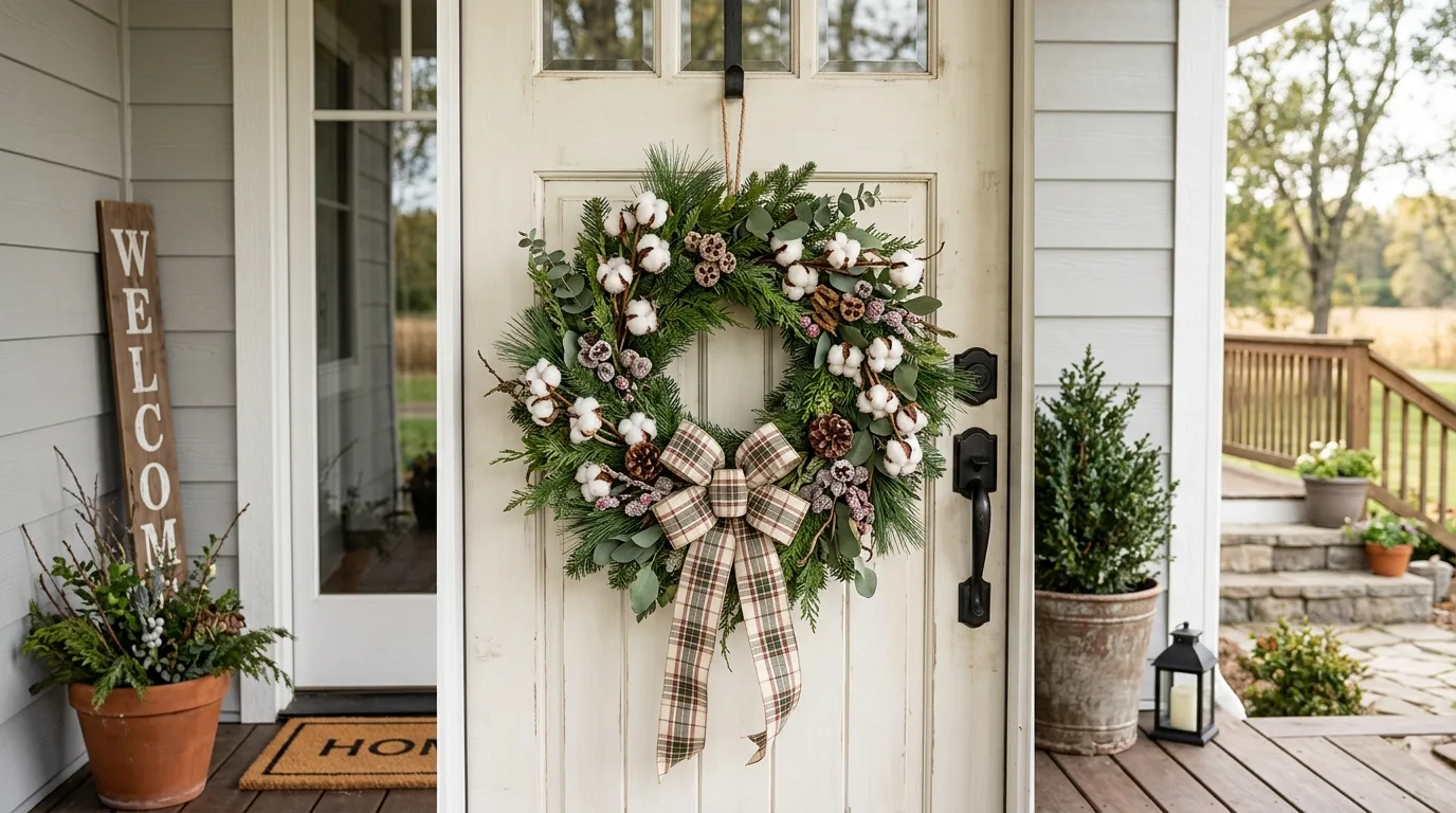 Use dried elements to add warmth and texture variation inspiration for a front door wreath display.